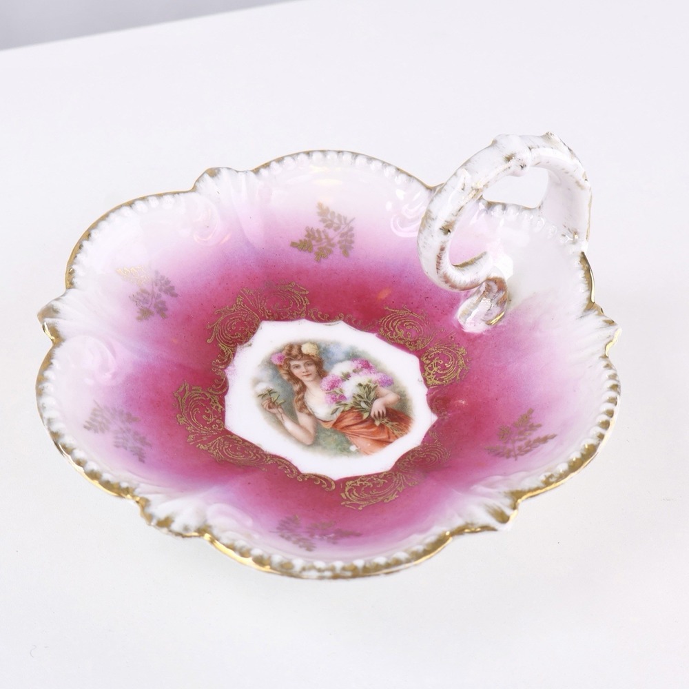 Antique Royal Bavaria Germany Portrait Handled Trinket Dish Pink Gold Gilt - Picture 3 of 6